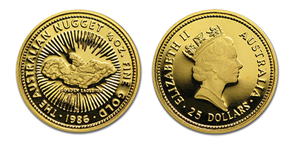 Australian Gold Nugget Jahrgang 1986 in der Stückelung 1/4 Unze Gold - damals noch unter der Gold Corporation (und nicht Perth Mint) veröffentlicht